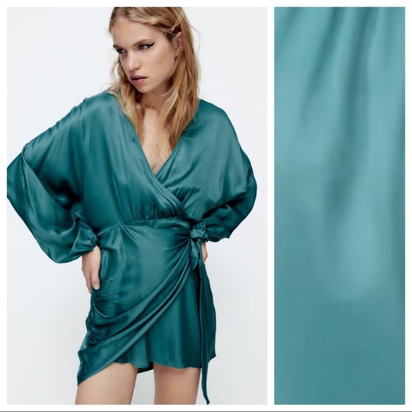 Zara Dresses & Skirts - NWOT. Zara Sea Green Satin Effect Wrap Mini Dress. Size L.